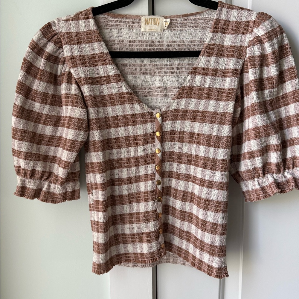 Nation LTD Brown and White Striped Puff-Sleeve Button-Front Top